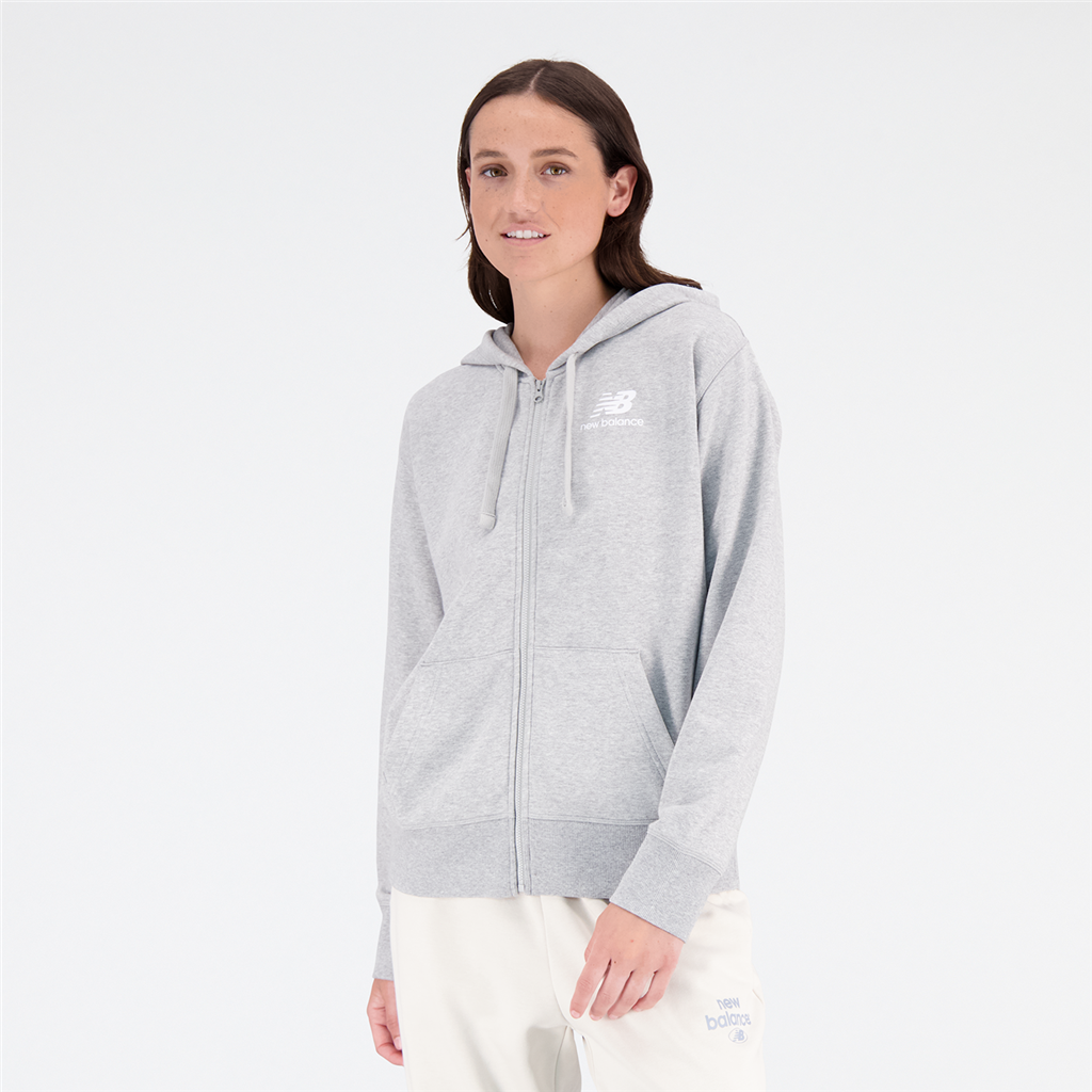 New Balance W Essentials Stacked Logo Full Zip Hoodie in GRAU